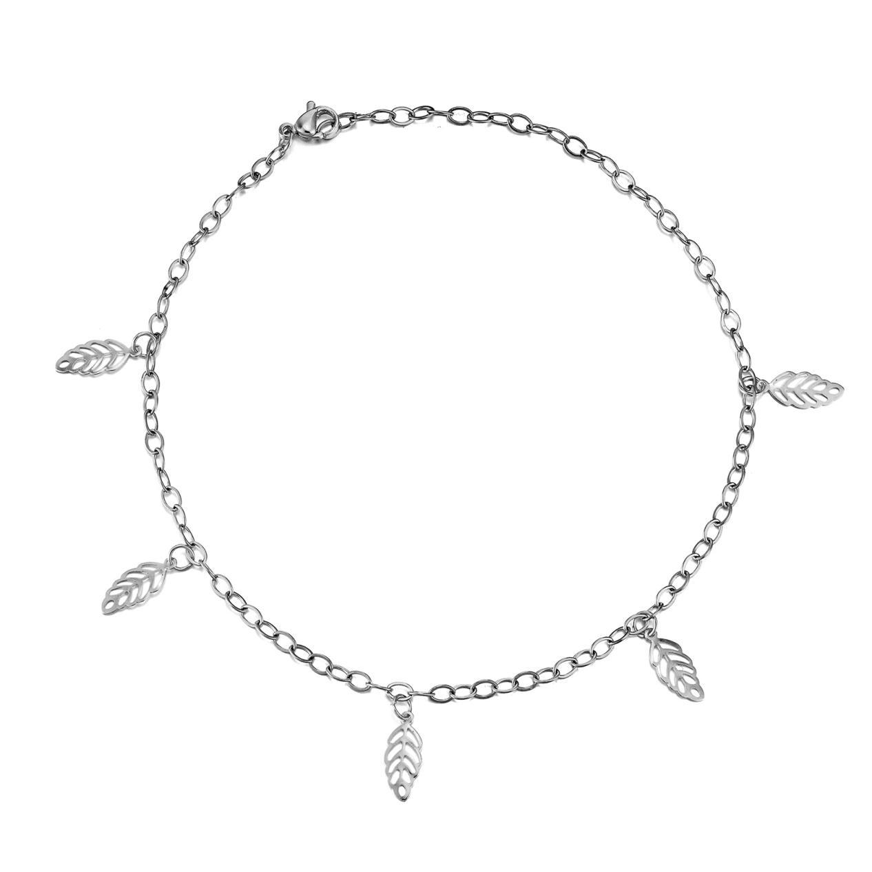 Браслет женский на ногу Листочек из медицинской стали 26 см (BA-028)