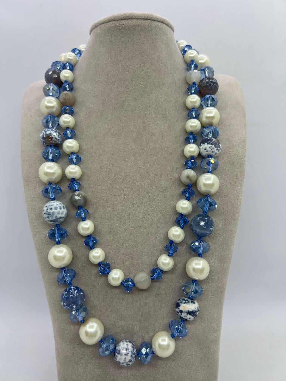 Бусы агат/майорка/стекло 14 мм 68 см Голубой (12099)