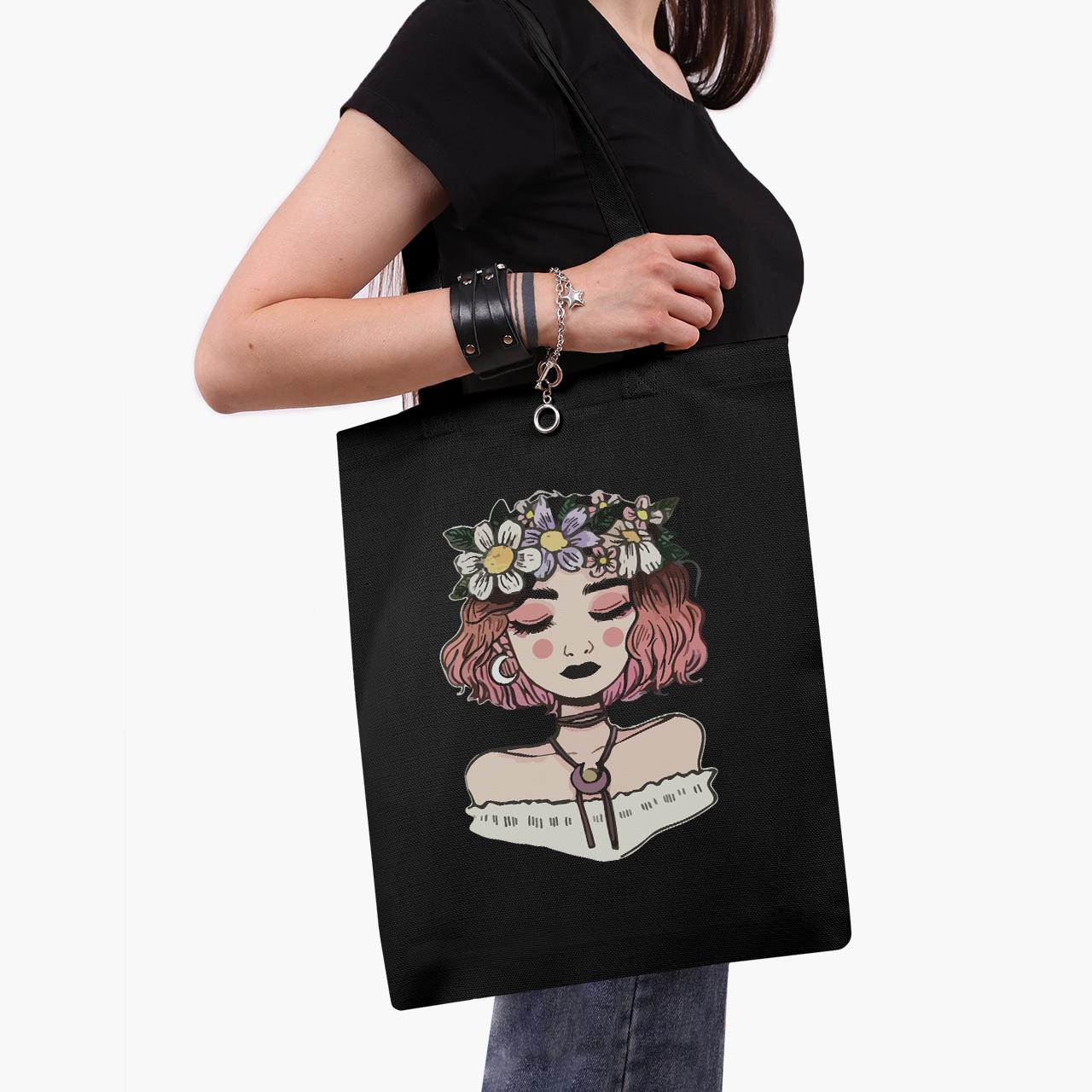 Эко сумка шоппер Girl with flowers 41x35 см Черный (9227-2841-BKZ)