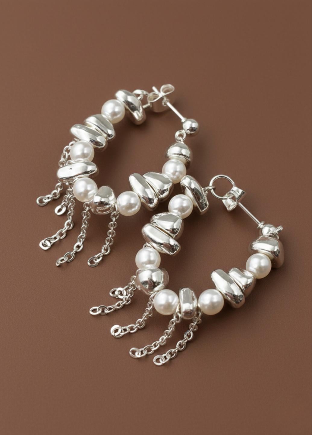 Серьги женские длинные жемчужины с цепочками Fashion Jewelry Серебристый/Белый (20443)