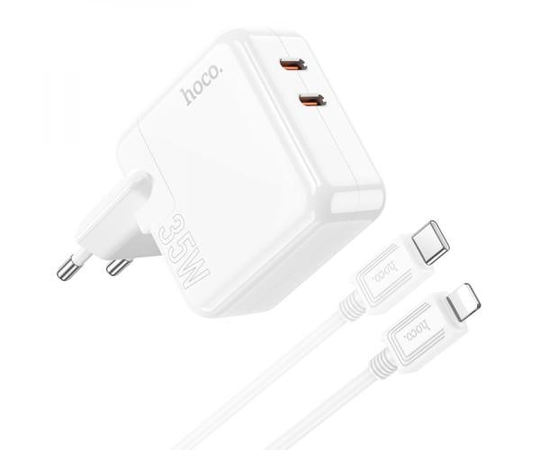 Устройство зарядное сетевое Hoco C110A Lucky 2Type-C QC 3.0 PD35W cable Type-C to Lightning White - фото 1 Устройство зарядное сетевое Hoco C110A Lucky 2Type-C QC 3.0 PD35W cable Type-C to Lightning White - фото 1