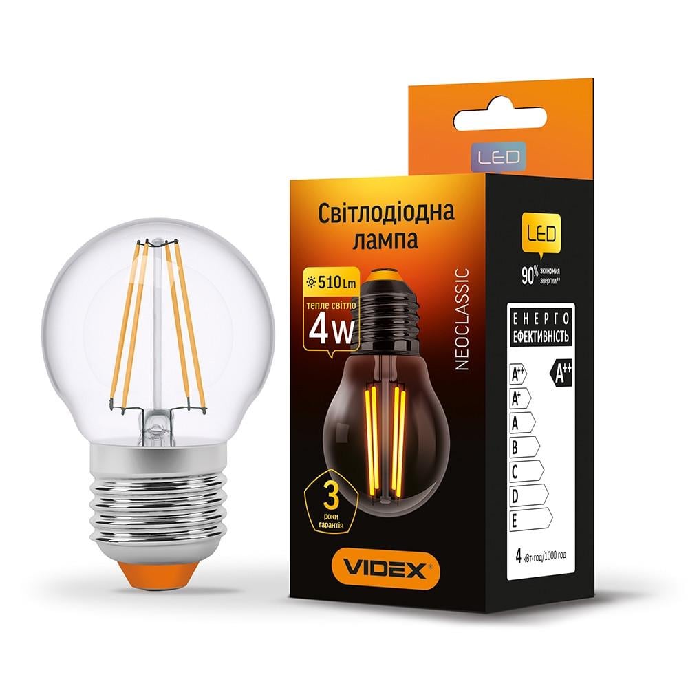 Лампа LED FІLAMENT G45F 4W E27 3000K 220V VL-G45F-04273 VIDEX