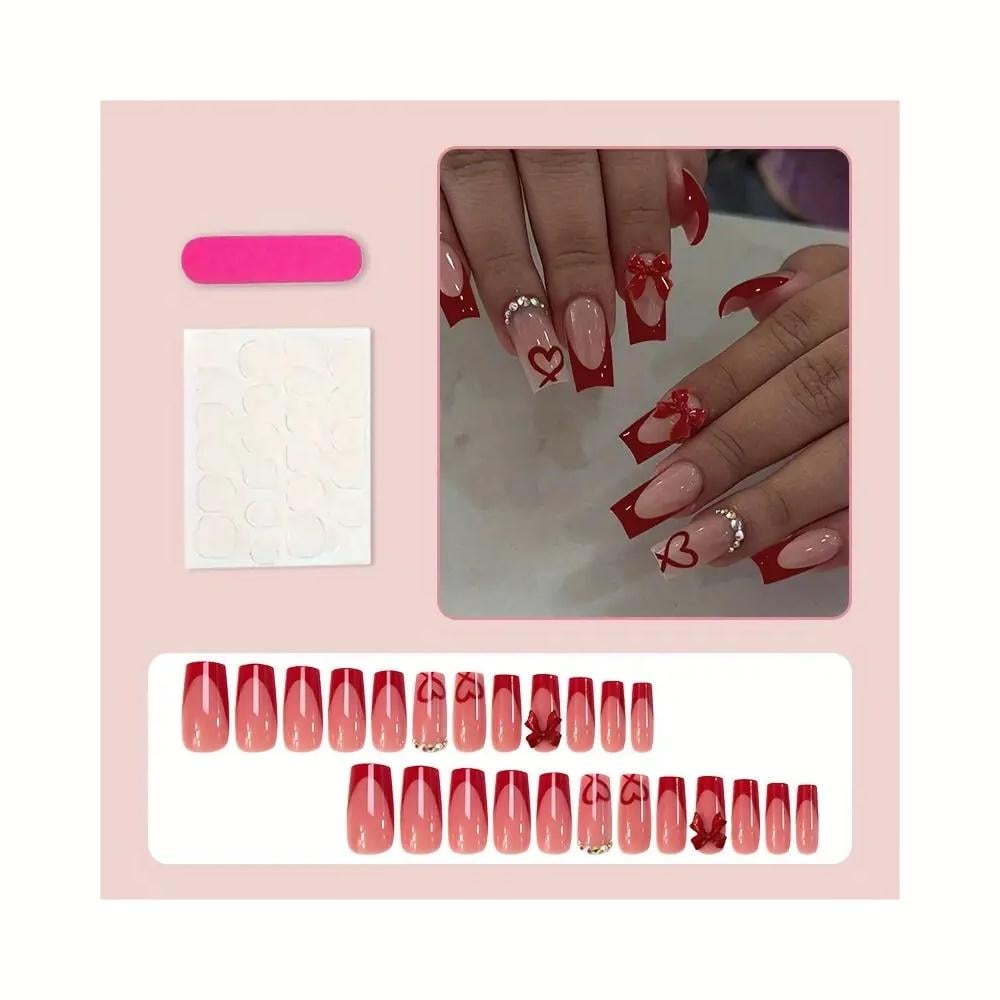 Ногти накладные Цветной френч с объемным бантом и стразами квадрат средней длины с клеевыми стиками 24 шт. Красный (3000003740) - фото 3 Ногти накладные Цветной френч с объемным бантом и стразами квадрат средней длины с клеевыми стиками 24 шт. Красный (3000003740) - фото 3