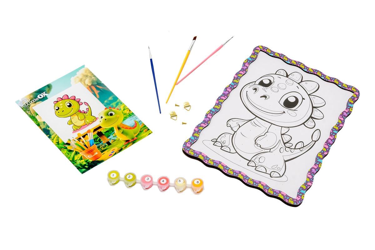 Игрушка-разукраска развивающая из дерева PuzzleOK Динозаврик с красками