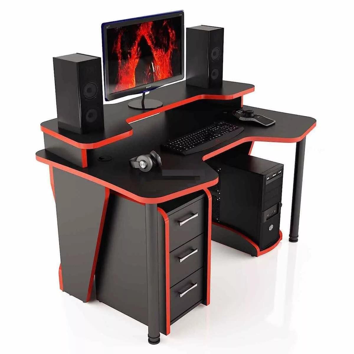 Стол геймерский CNC mebli Comfort GT14N с надстройкой и ящиками 120 см Black/Red (10361)