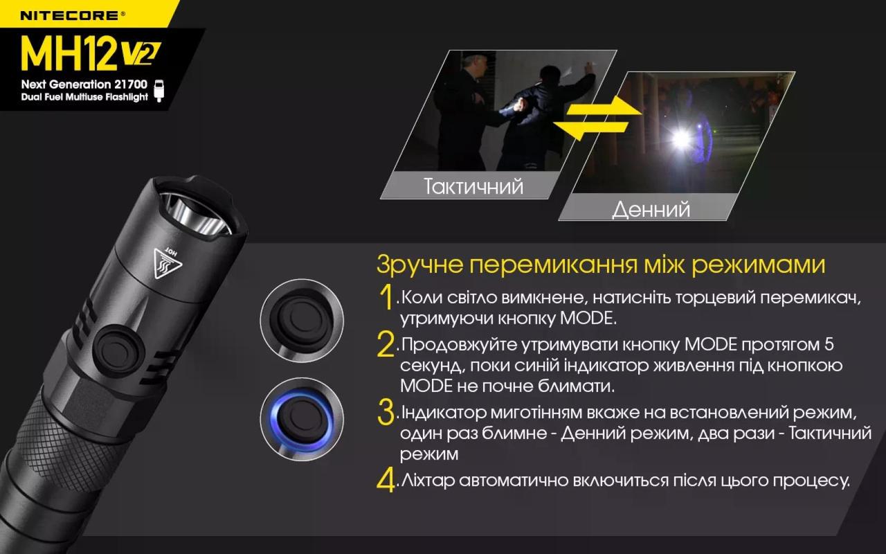 Фонарь Nitecore MH12 V2 USB-Type-C 1200 lm 202 м (27831917) - фото 9 Фонарь Nitecore MH12 V2 USB-Type-C 1200 lm 202 м (27831917) - фото 9