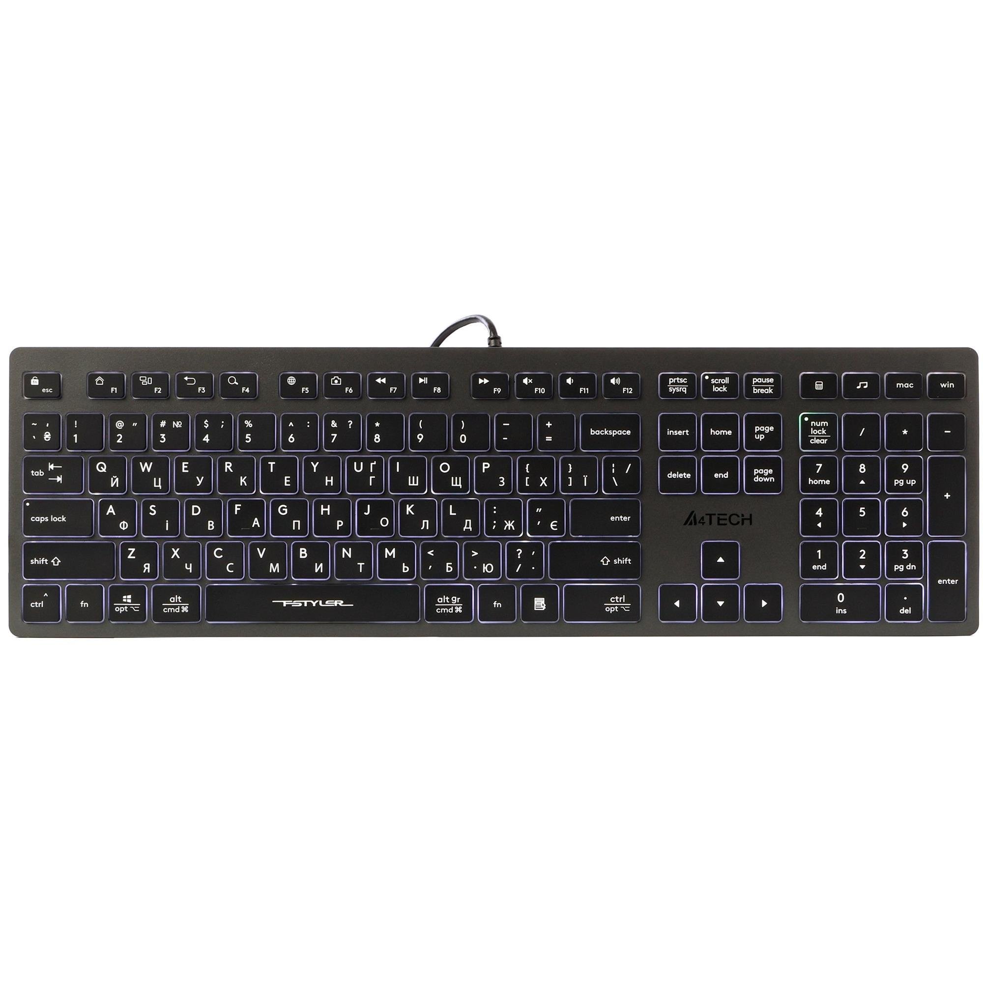 Клавиатура проводная A4Tech FX60 White Neon Backlit USB низкопрофильная с подсветкой ENG/UKR 1,5 м Серый (32202246)
