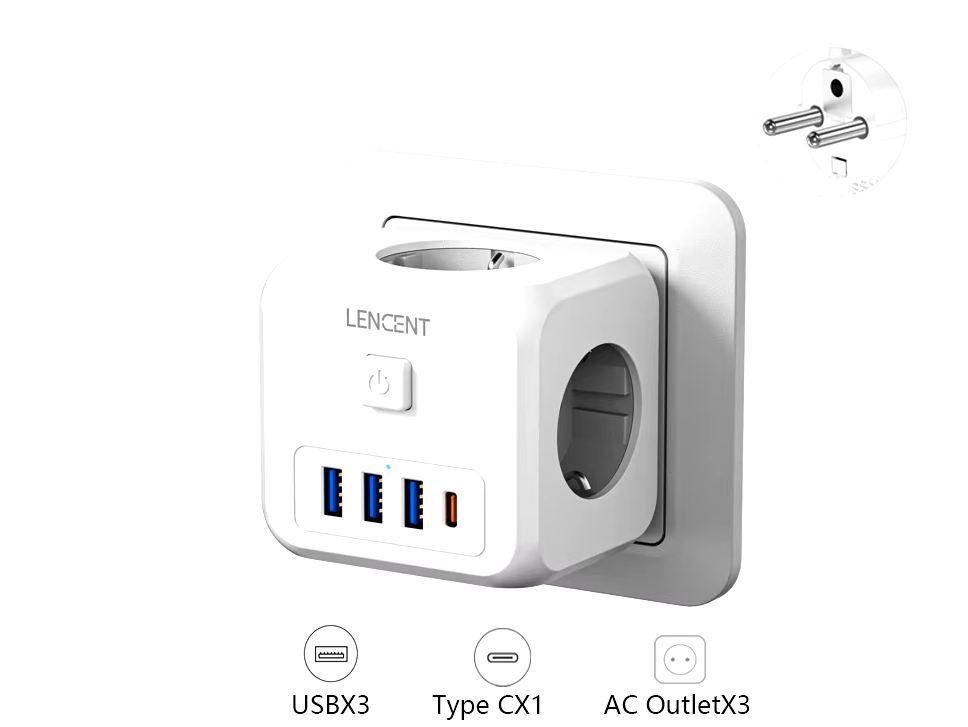 Сетевой фильтр тройник LENCENT PA037EU 7в1 с выключателем и 3 USB/1TYPE-C - фото 8 Сетевой фильтр тройник LENCENT PA037EU 7в1 с выключателем и 3 USB/1TYPE-C - фото 8