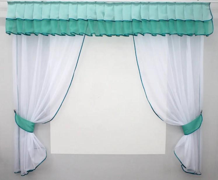 Комплект шторки/ламбрекен на кухню 200х170 см Бирюзовый/Белый (00к 59-818)