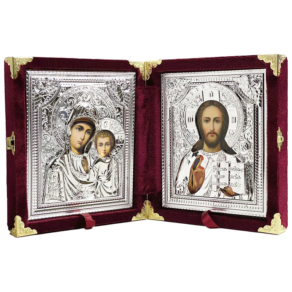 Икона Богородица и Иисус Христос в бархате Бордовый (Б37ВК-Х/Б)