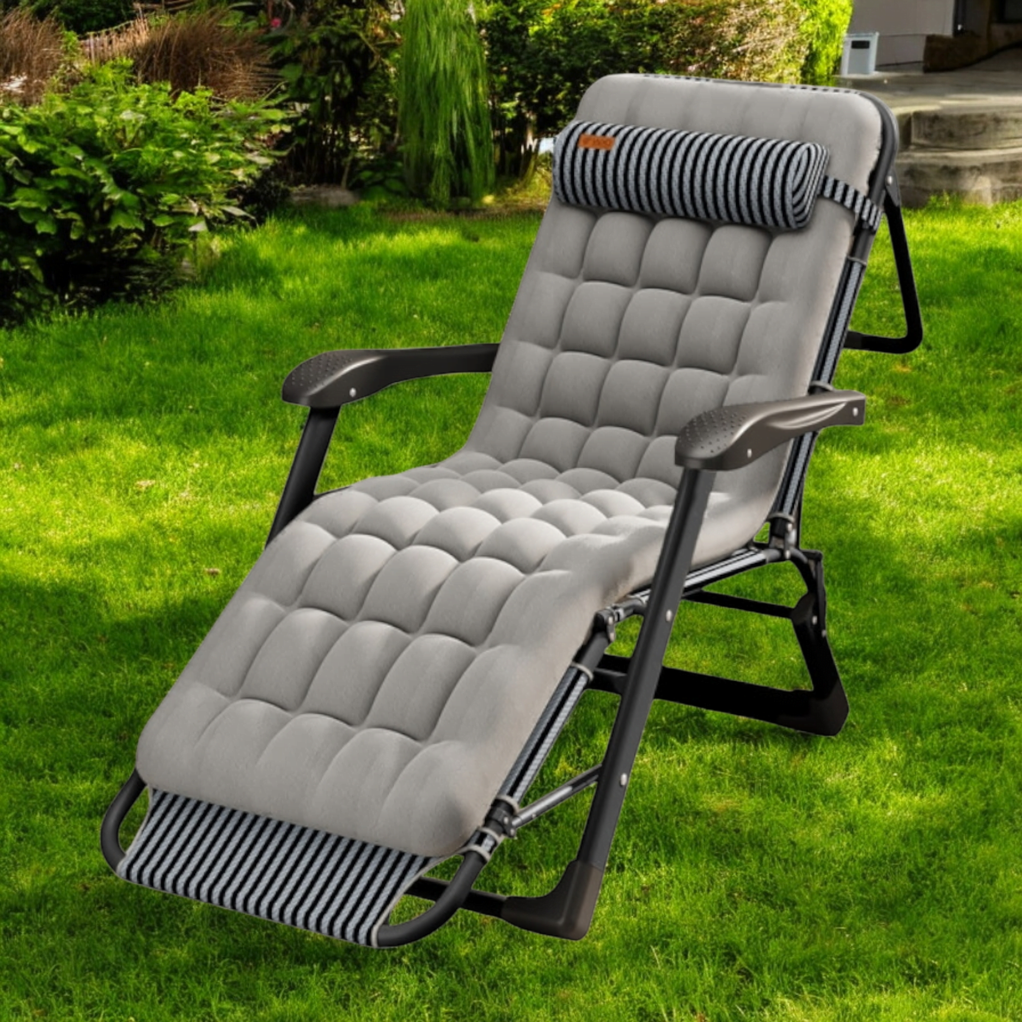 Шезлонг раскладной WCG FCB-S01PP садовый с подушкой и матрасом Серый (FCB-S01PP1)