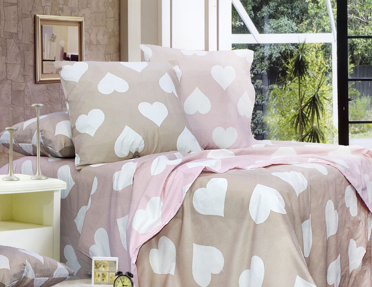 Комплект постельного белья полуторный Еней-плюс Т0702 Коричневый/Белый/Розовый