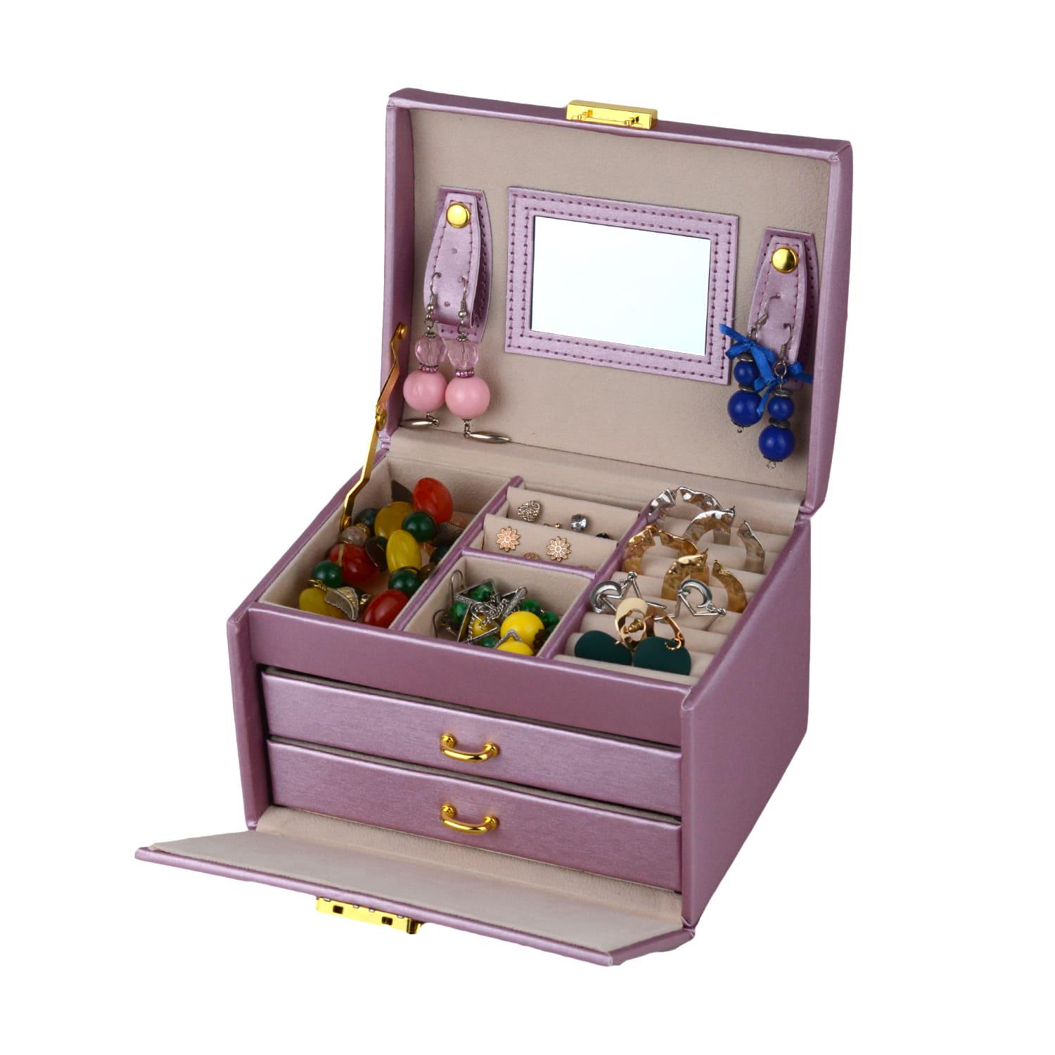 Шкатулка для украшений с зеркалом и ящичками 18х14х12.5 экокожа 12х12х5 см Сиреневый (ШДД-13-5) - фото 3