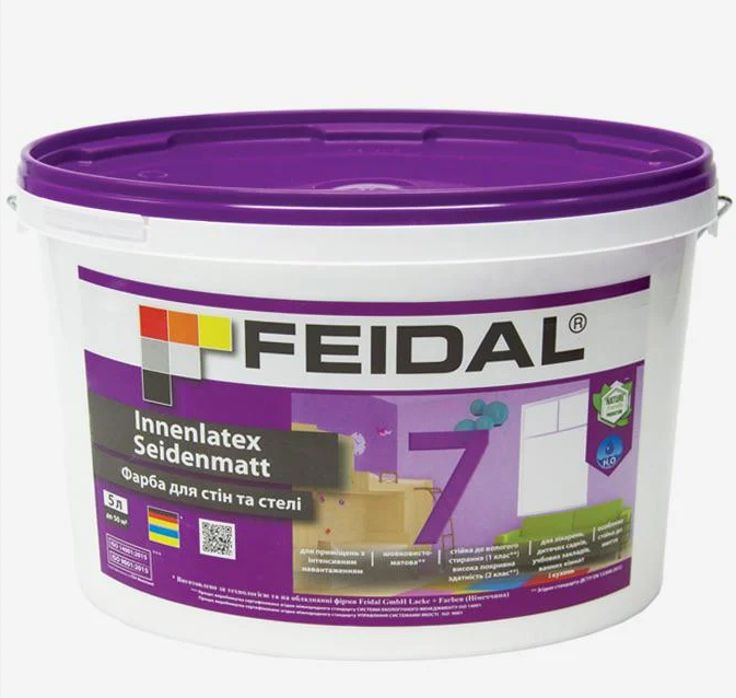 Краска интерьерная Feidal Innenlatex Seidenmatt 7 для стен и потолка шелковисто-матовая 5 л Белый Краска интерьерная Feidal Innenlatex Seidenmatt 7 для стен и потолка шелковисто-матовая 5 л Белый