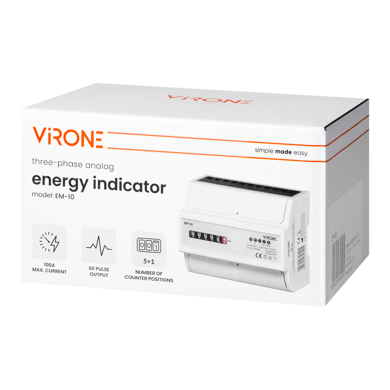 Лічильник електроенергії VIRONE 3F 100A EM-10 7 модулів на DIN-рейці TH-35