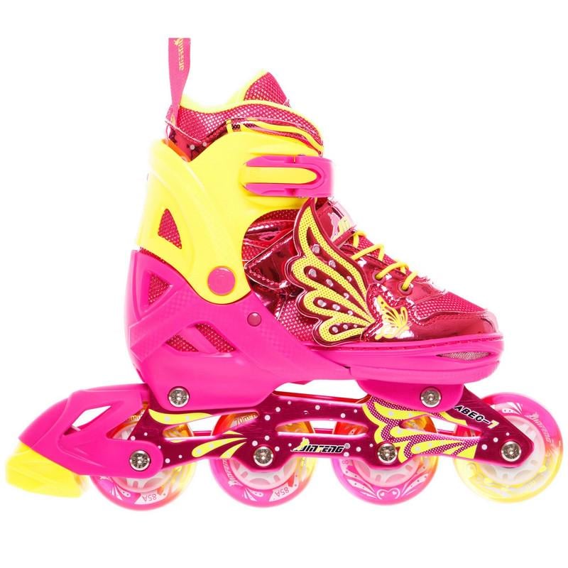 Роликовые коньки раздвижные детские JINGFENG 189 с защитой и шлемом р. 35-38 Розовый (189_Розовый_M_(35-38) - фото 8