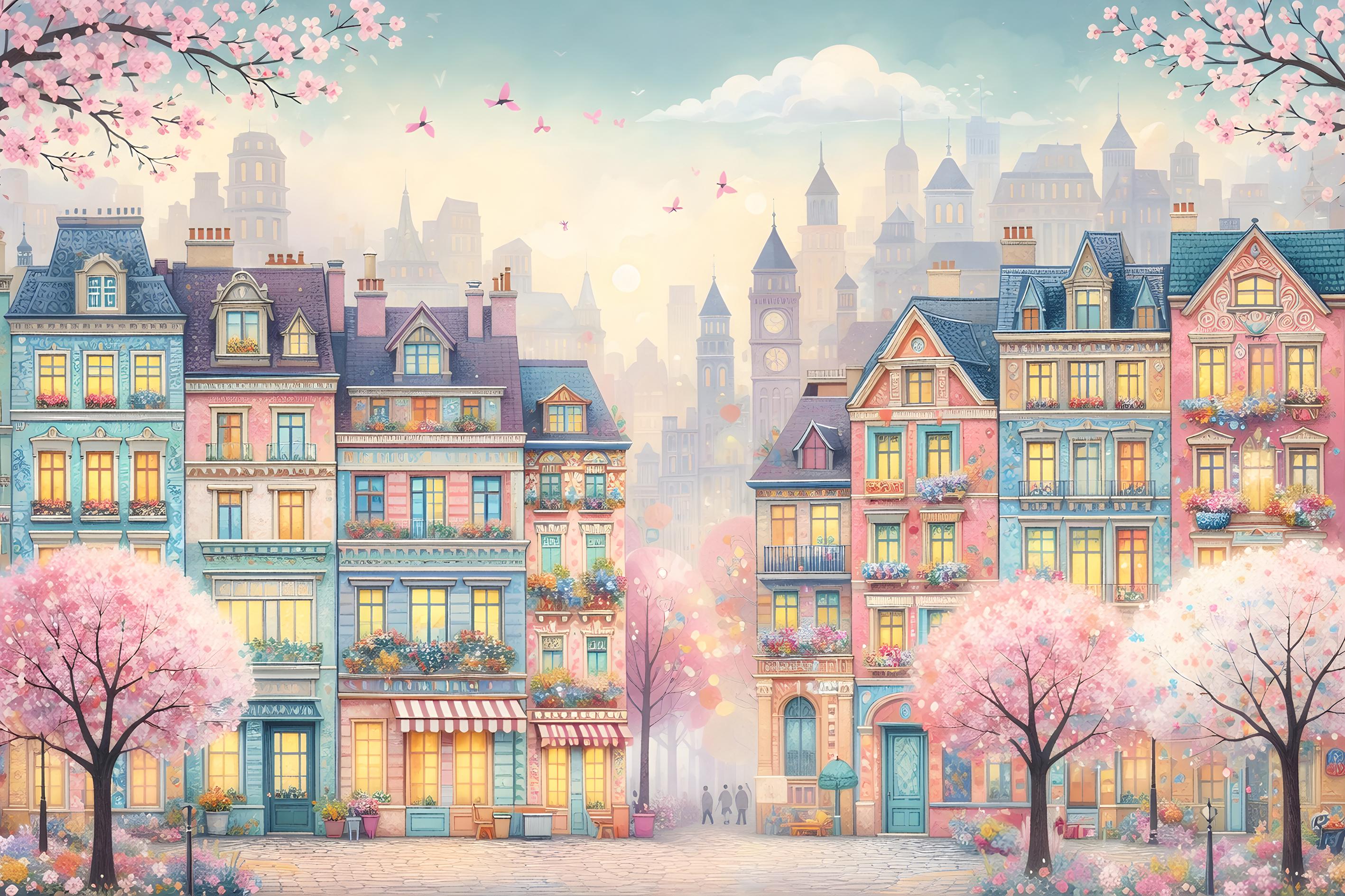 Фотошпалери флізелінові Upstream Весняне місто Квітучі будинки у пастельних тонах 345х230 см (S5KID-105/6)