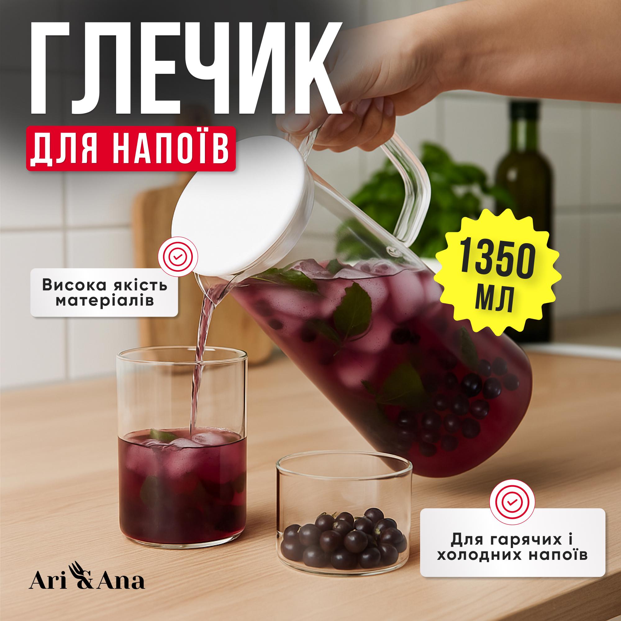 Кувшин стеклянный с пластиковой крышкой с ручкой 1,35 л Прозрачный (30370834) - фото 2