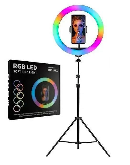 Лампа кольцевая RGB LED 36 см с держателем для телефона и штативом 2 м