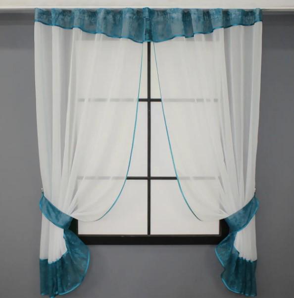 Занавеска на кухню с ламбрекеном/подвязками 280х170 см Молочный/Синий (085к)