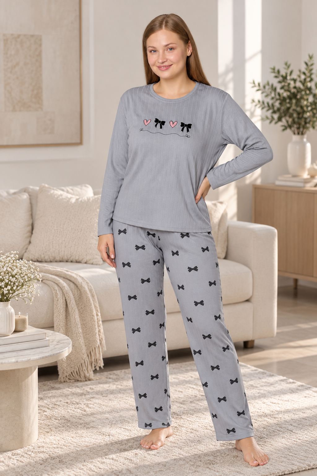 Пижама женская Grey Bows из утепленного интерлока 4XL (PM6855)