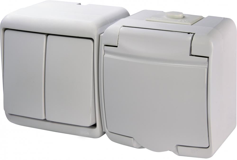 Розетка зовнішня ETI VRHH-2s із заземленням/2-клавішним вимикачем горизонтальна IP54 Білий (4668033)