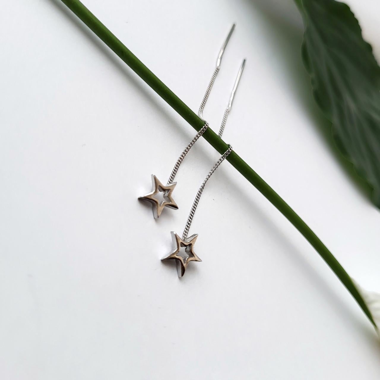 Серьги протяжки цепочки звезды без камней серебро 925 пробы родированное (5446/1р)