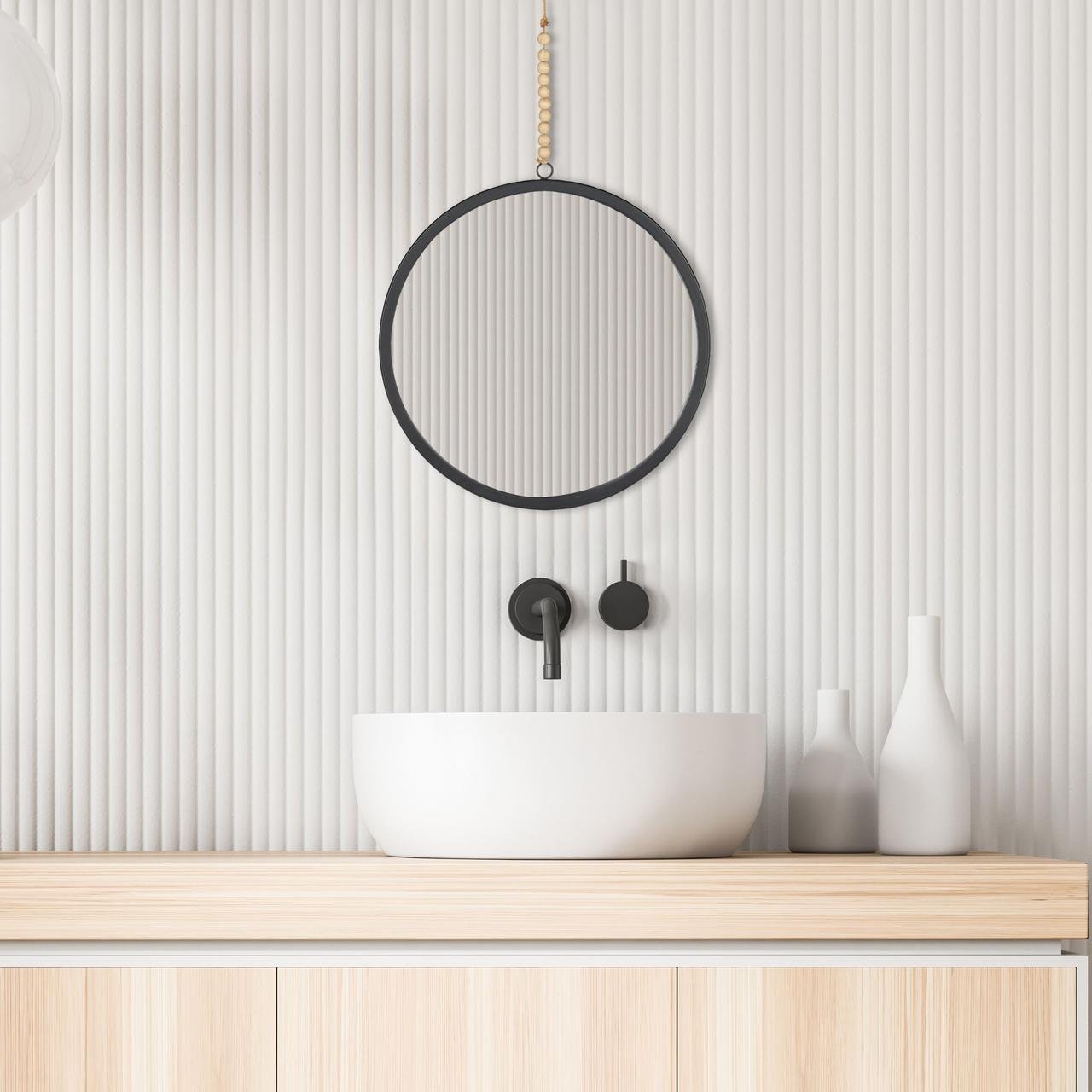 Зеркало круглое настенное Relaxdays для ванной и прихожей с веревкой и деревянными бусинами 40 см Черный