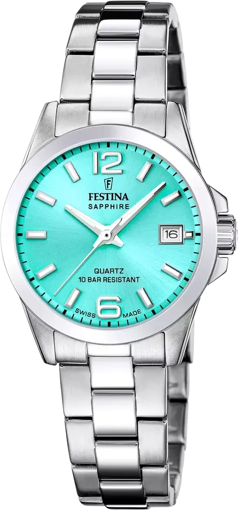 Наручные часы женские Festina F20049/4 Classics Swiss Made со стальным корпусом/сапфировым стеклом WR 100 м и голубым циферблатом
