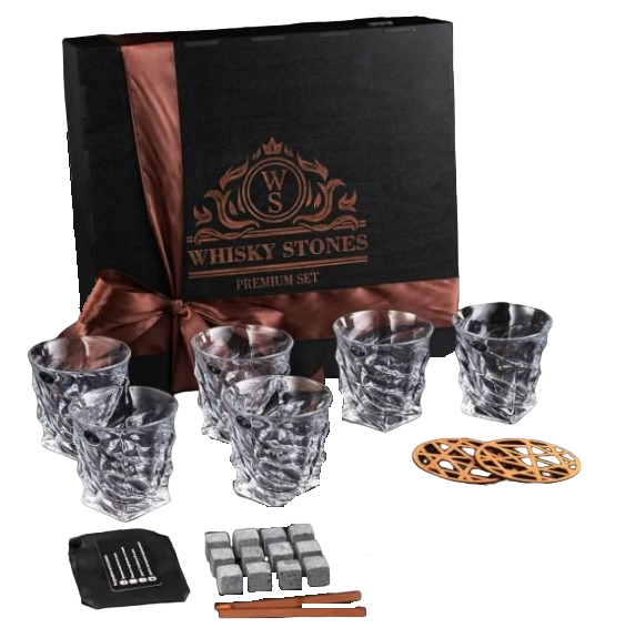 Подарочный набор для алкоголя камни для виски Whiskey Stones 24 шт. и 6 стаканов Bohemia Casablanca 300 мл