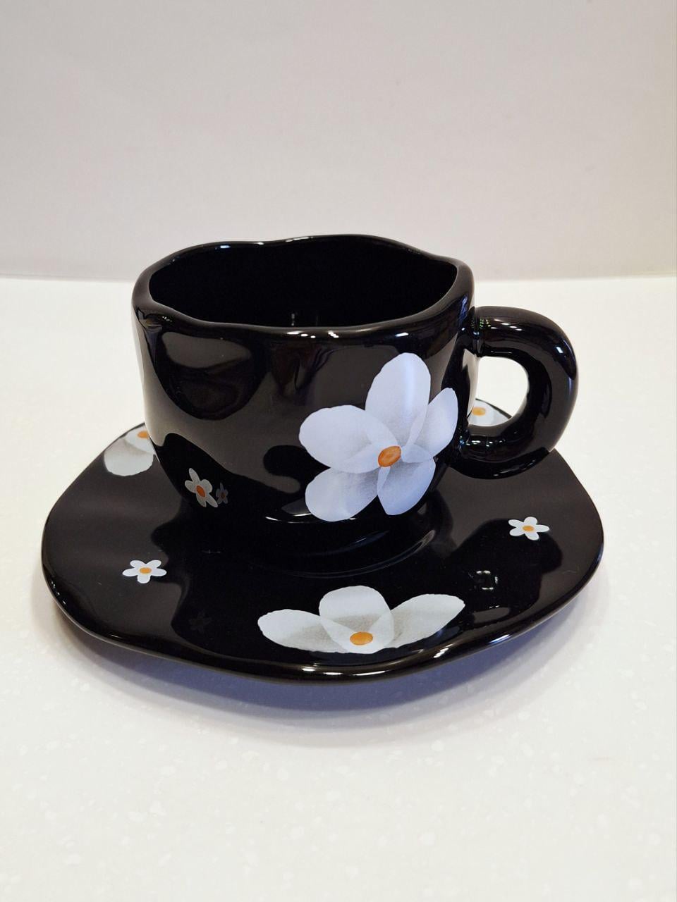 Чашка керамическая с блюдцем Серебряный цветок 300 мл (2170)