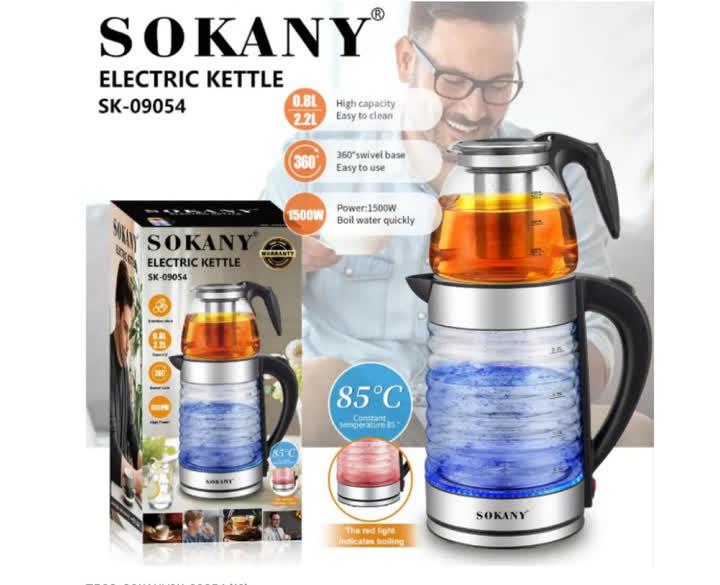 Електрочайник скляний Sokany 2в1 із заварником 0,8/2,2 л 1500 Вт (SK-09054/12) - фото 2
