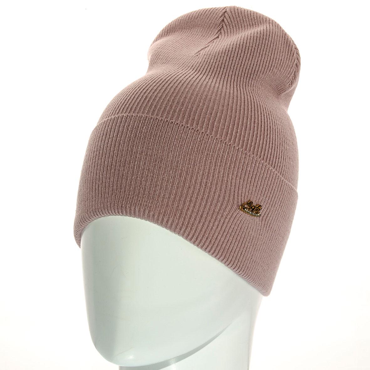 Шапка Sofi SF21101 с отворотом одинарная вязки рубчиком L р. 57-58 Темно-пудровый