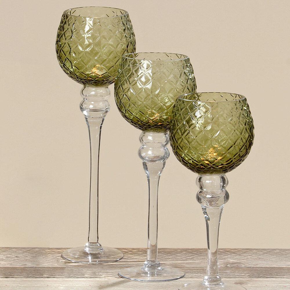 Набір 3-х свічників у формі келиха зелене скло h30-40см Гранд Презент 3373600 - фото 2 Набір 3-х свічників у формі келиха зелене скло h30-40см Гранд Презент 3373600 - фото 2