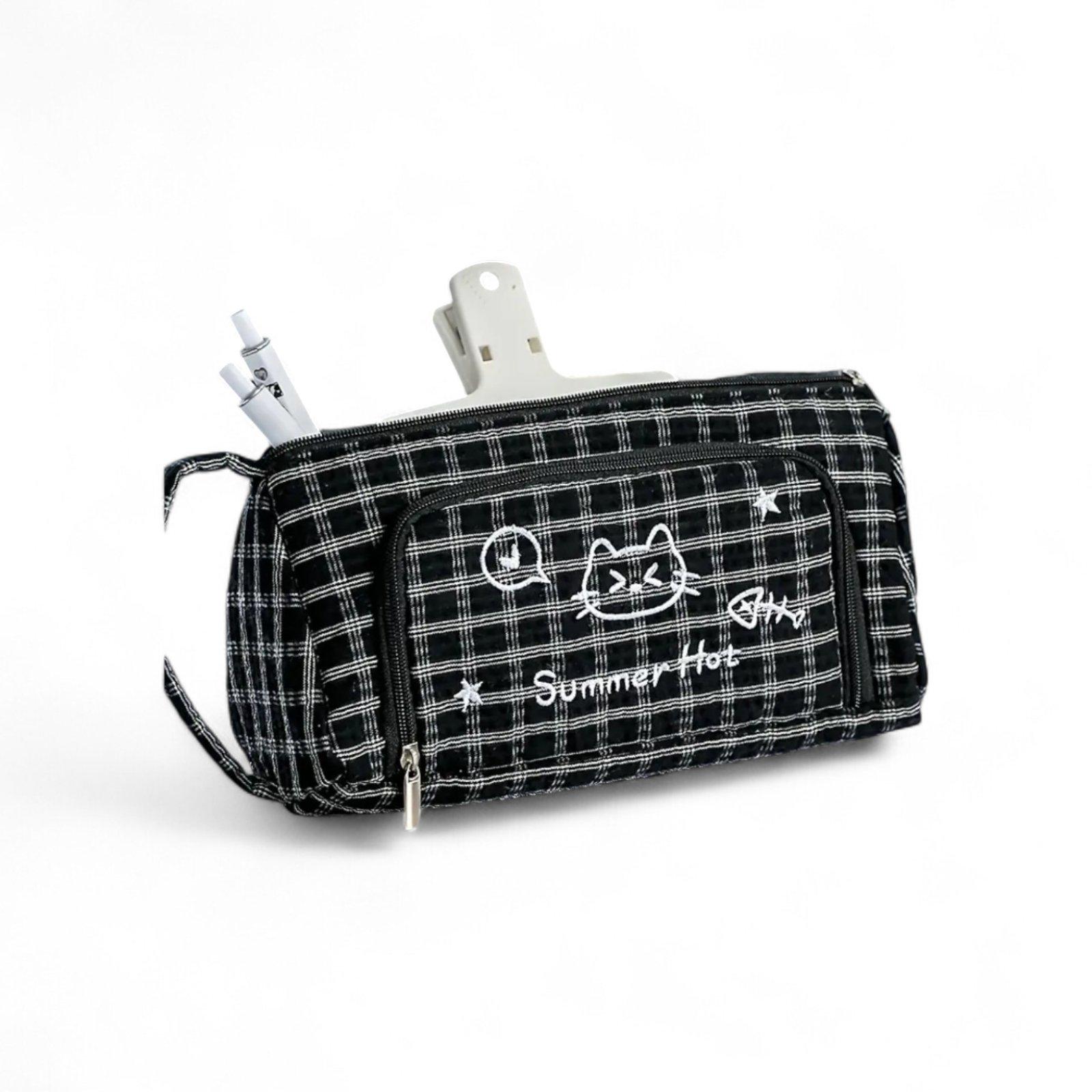 Пенал в клетку с вышивкой кота из полиэстера 20,5х10х9 см