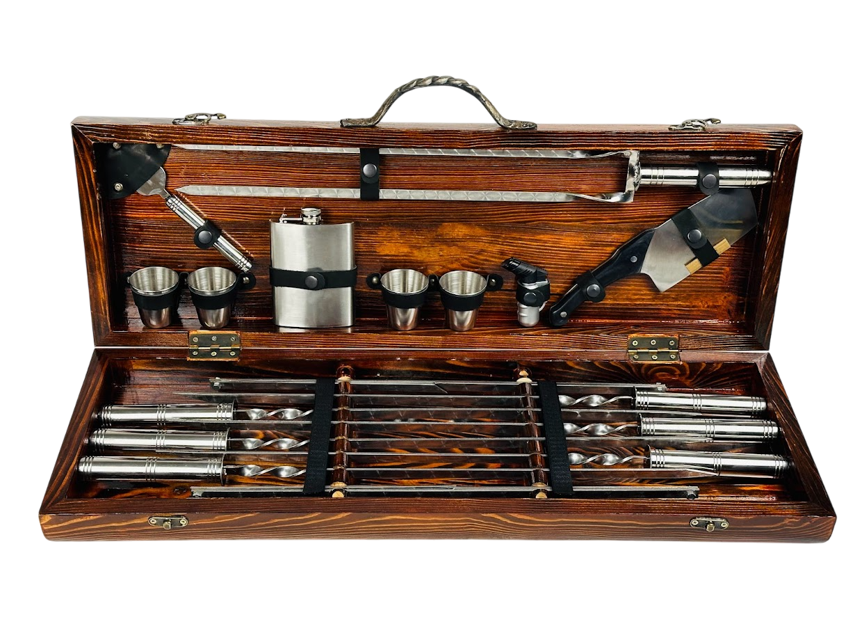 Набор шампуров ручной работы Серебро MAX с аксессуарами 16 предметов в кейсе 75х24х10 см Коричневый (124-10-KS-7904)