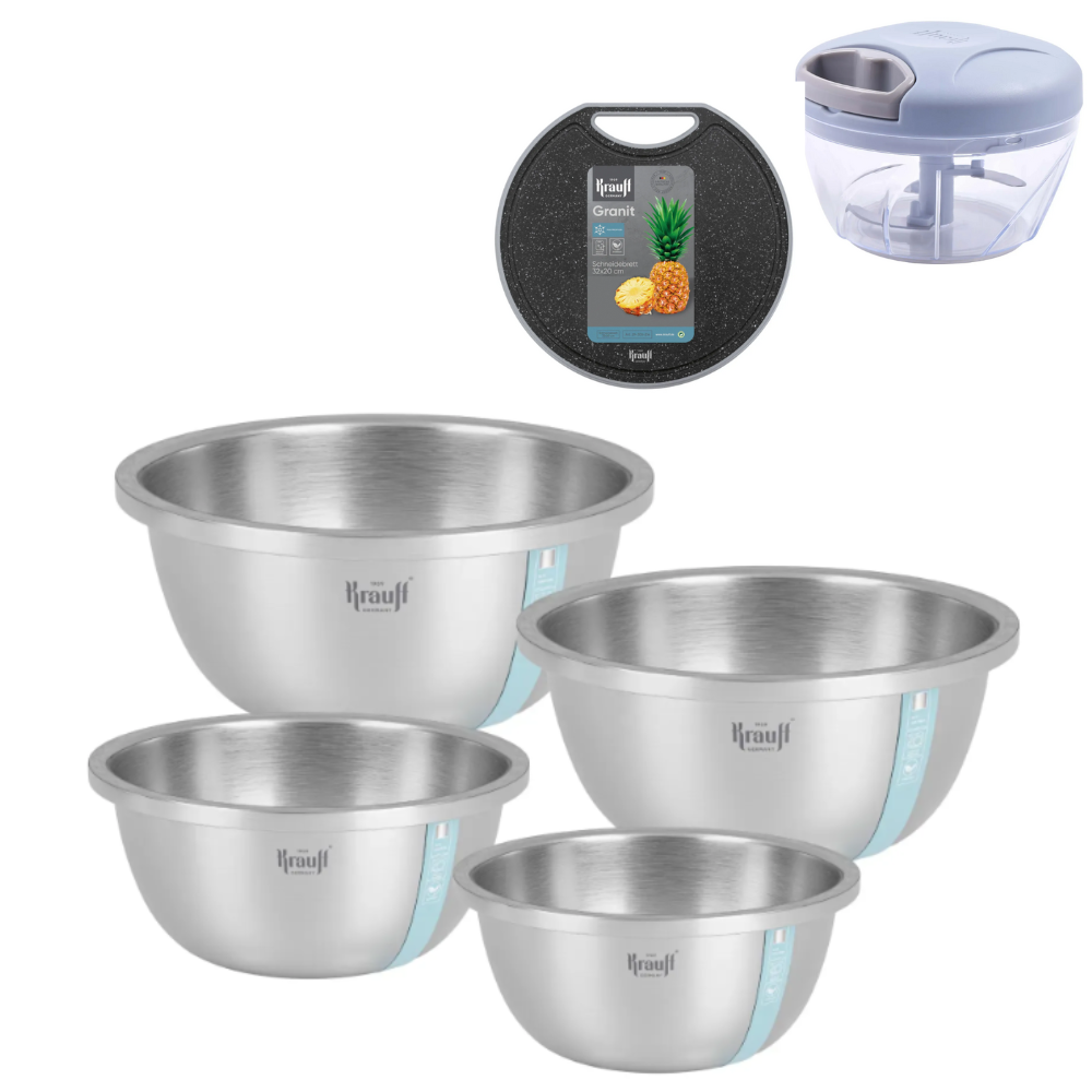 Набір мисок з нержавіючої сталі Krauff з багатофункціональним подрібнювачем та кухонною дошкою 6 пр. (55-333-397)