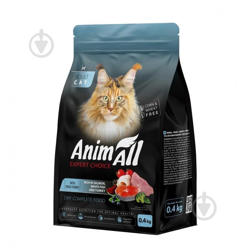 Корм сухой полнорационный AnimAll для кошек с лососем белой рыбой и индейкой 0,4 кг (178602)