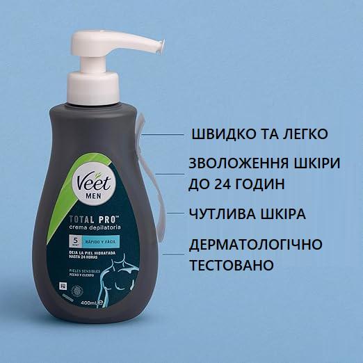 Крем для депіляції волосся чоловічий Veet Men Total Pro Crema Depilatoria Masculina для чутливої шкіри 400 мл - фото 2