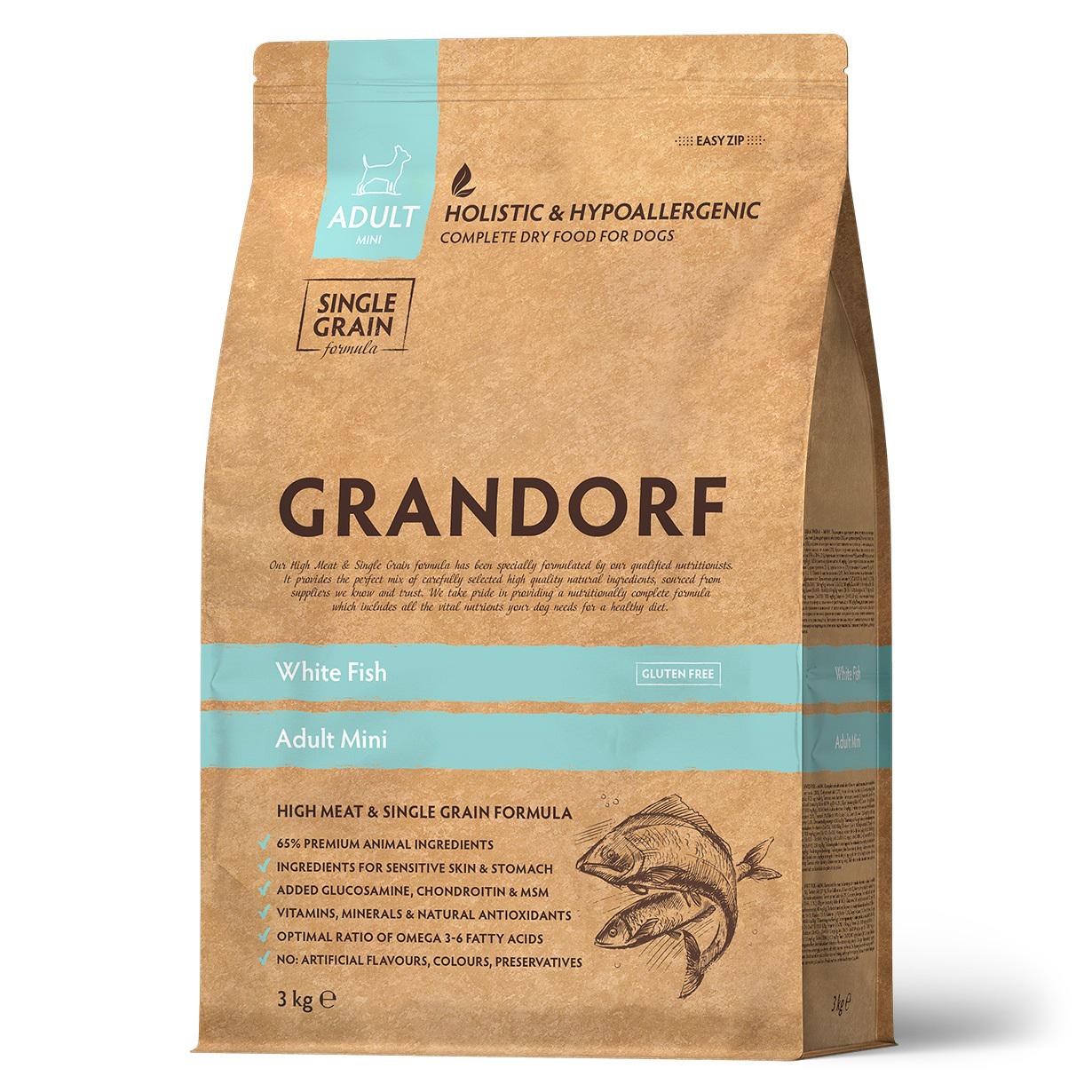 Корм сухий для дорослих собак Grandorf White Fish Mini комплексний низькозерновий для дрібних порід з білою рибою 3 кг (25621372)