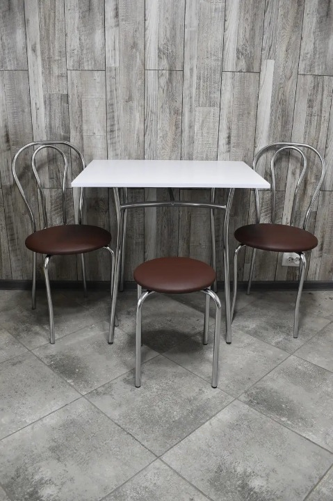 Кухонний комплект Tulipan Тріо стіл/стільці 2 шт./табурет в хром-корпусі 60х80х75 см Білий/Коричневий (28374243)