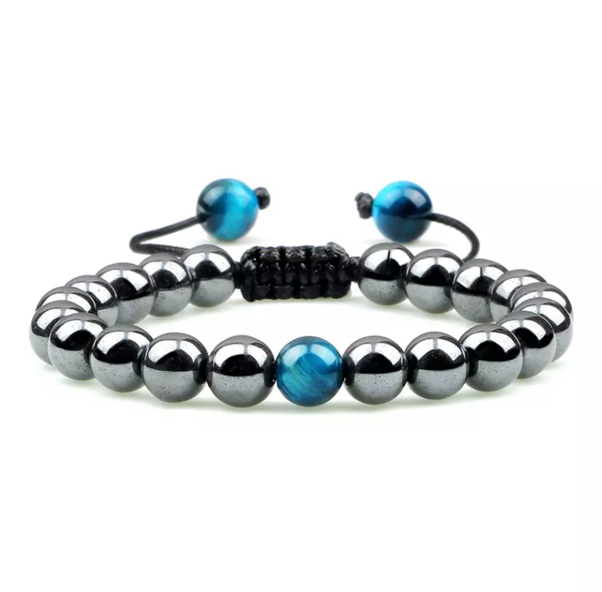 Браслет з гематиту та тигрового ока на стяжці р. 21 (80110)