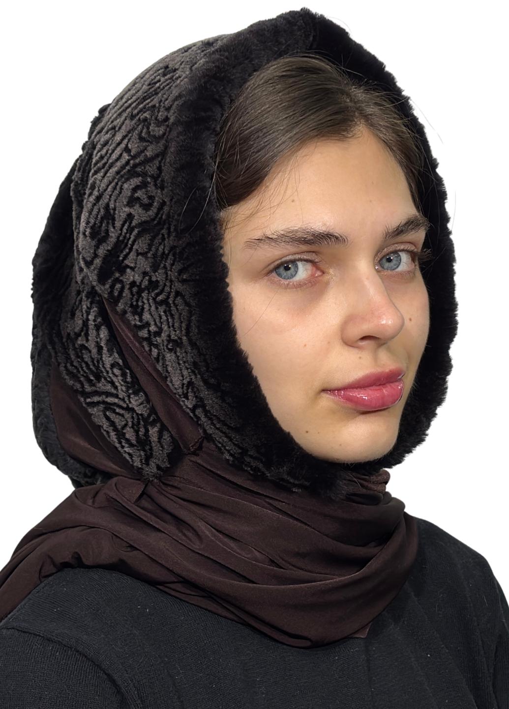 Платок на голову женский Меховой стиль Паук из натурального меха кролика Коричневый (314/C)