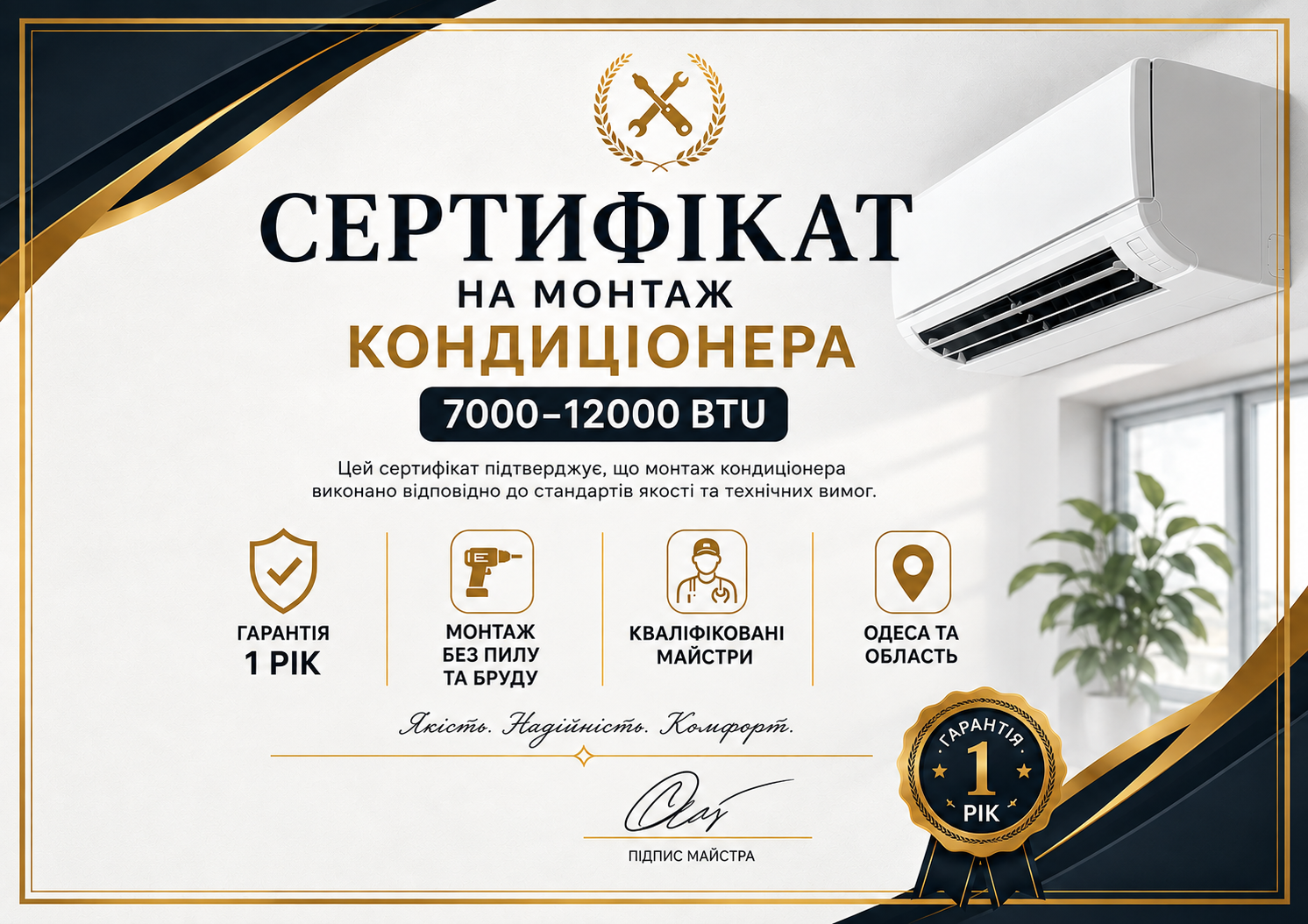 Сертификат на монтаж кондиционера 7000-12000BTU