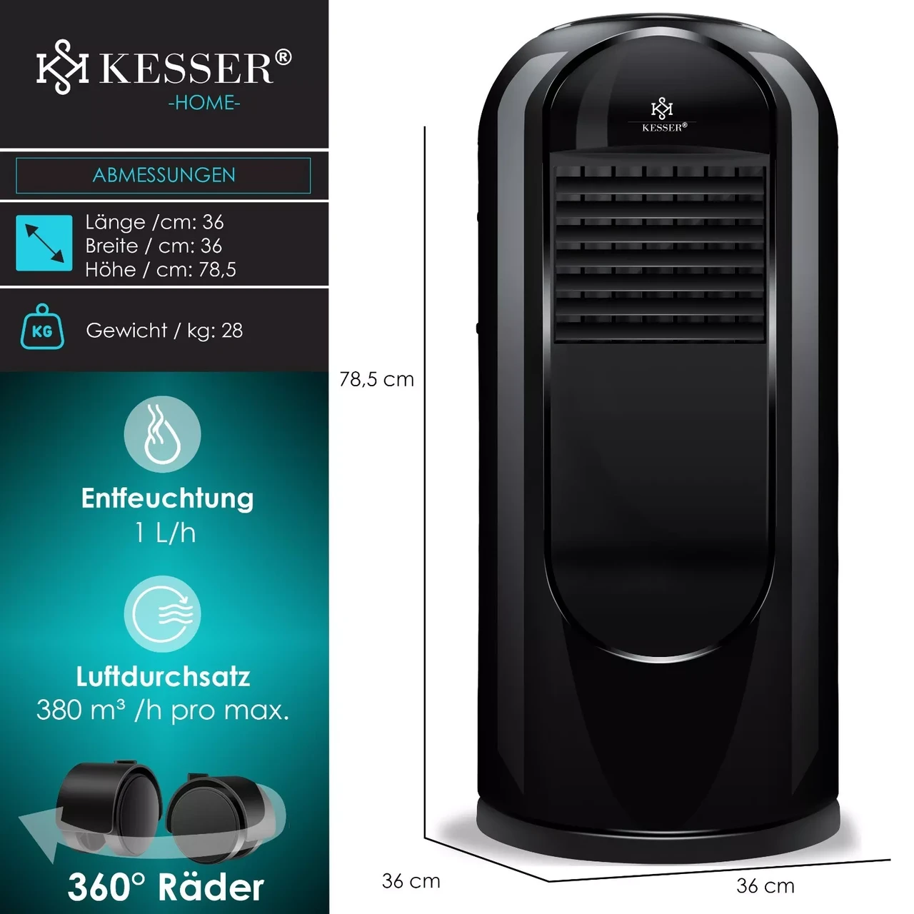 Кондиционер мобильный KESSER 4в1 2,7 кВт 35x78,5x37см Черный - фото 6 Кондиционер мобильный KESSER 4в1 2,7 кВт 35x78,5x37см Черный - фото 6