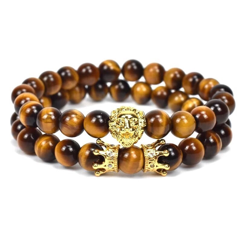 Комплект браслетів з тигрового ока з коронами та левом р. 23 (12004)