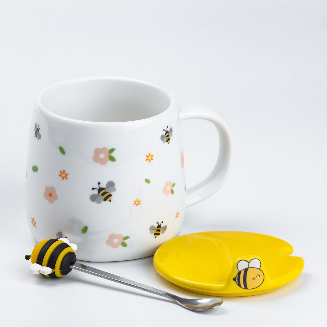 Чашка керамічна Bee flowers з кришкою та ложкою 450 мл (HP7199GR) - фото 4