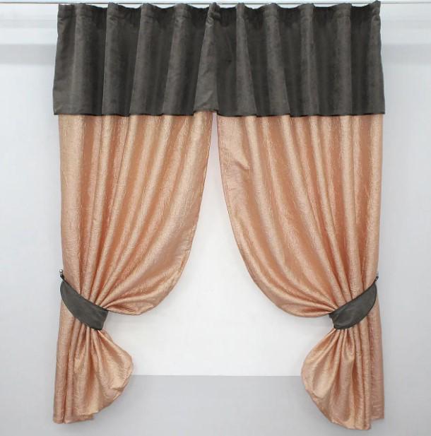 Занавеска кухонная с ламбрекеном и подвязками 260х170 см Персиковый/Серый (073к)