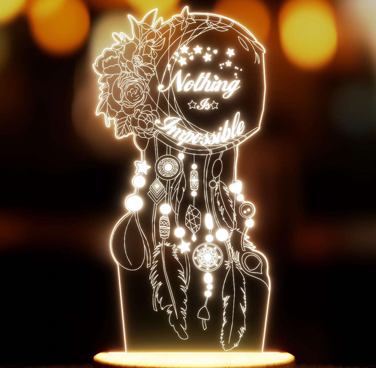 Ночник-светильник Lampic Ловец снов Nothing Impossible USB дерево/акрил 12х24 см Желтый (32377436)