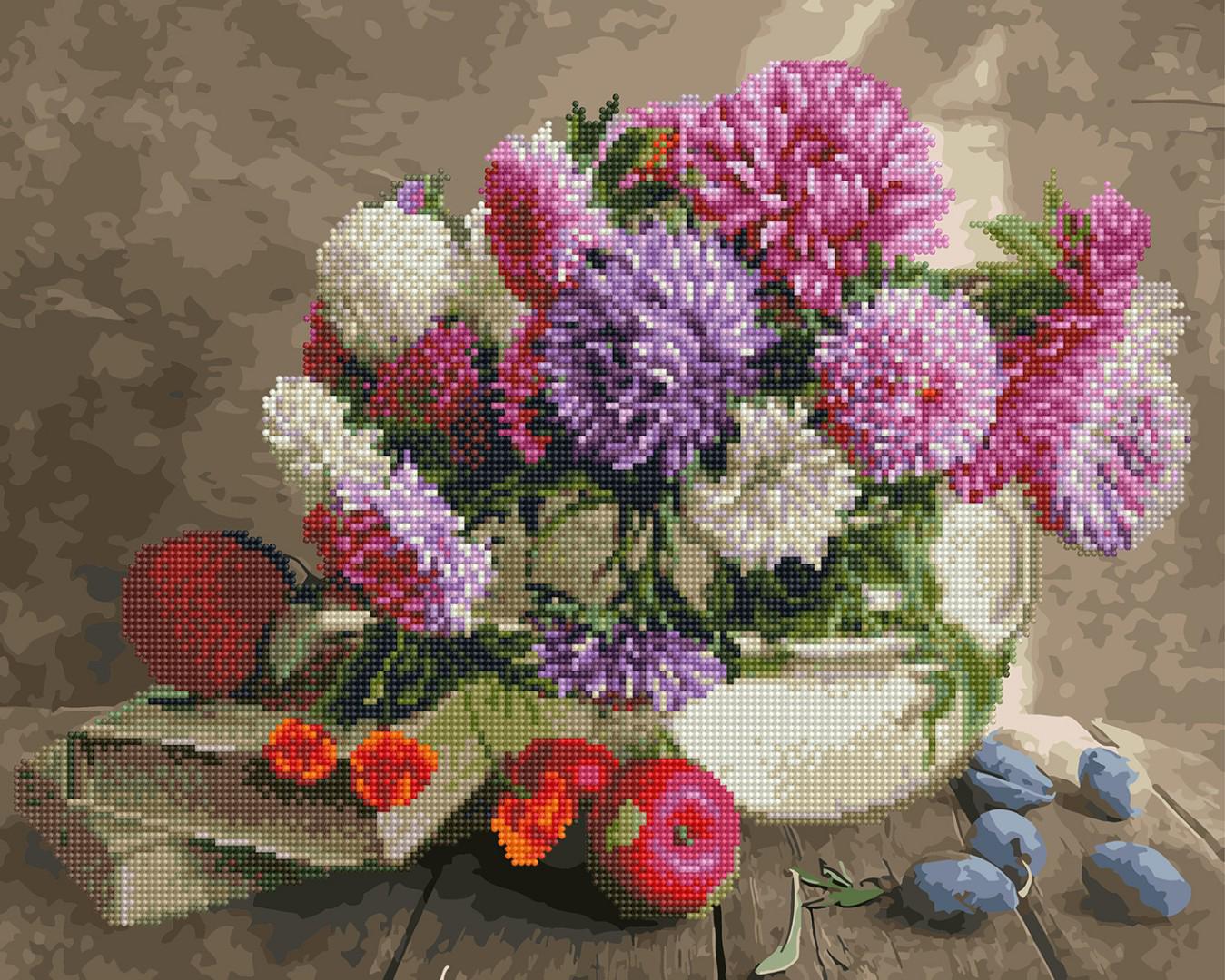 Алмазна мозаїка та картина за номерами Brushme Різнобарвні айстри 40х50 см у коробці (BGZS1133)